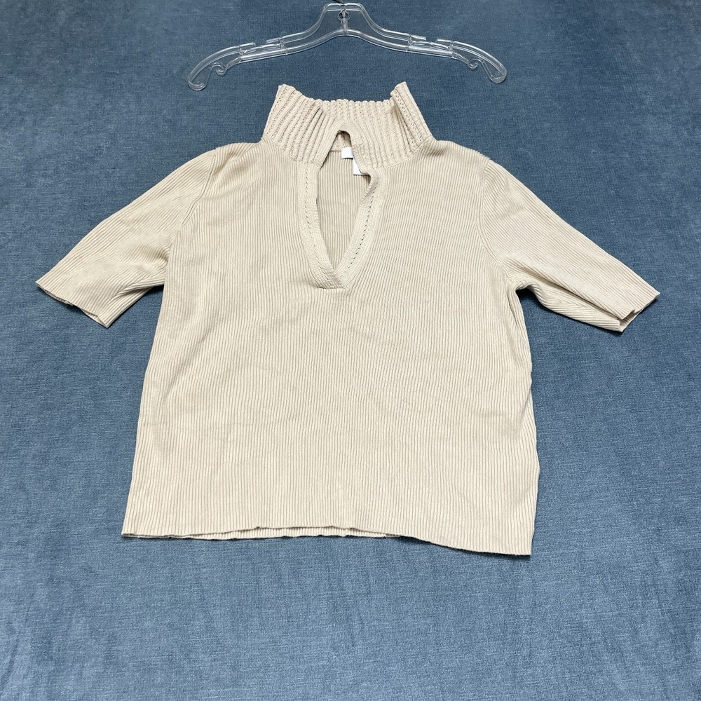 Halston Heritage Polo Sweater Womens XL Beige Short Sleeve Turtle Neck Winter